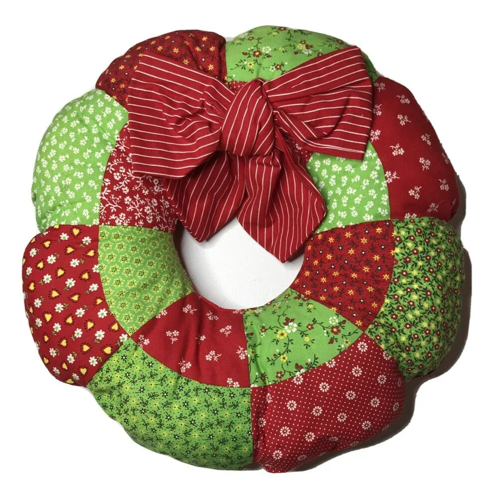 Set Of 2 Vintage Handmade Christmas Stuffed Fabric Wreaths Handmade Decor 16”